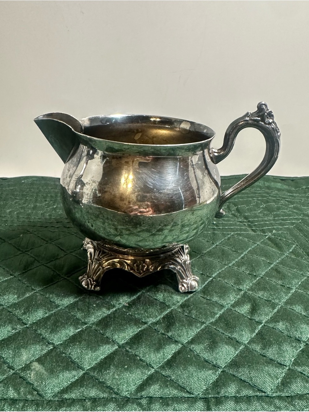 Classic silver plated footed Creamer with Ornate Handle